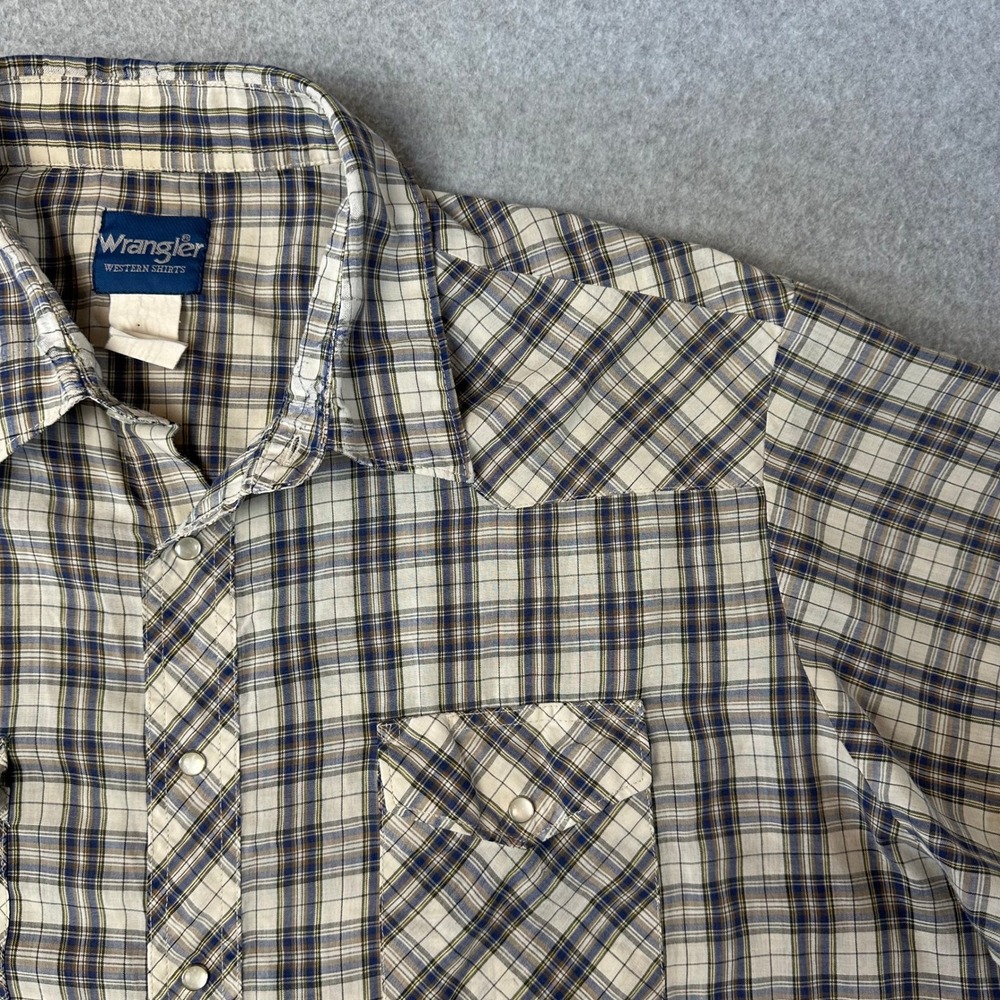 Wrangler‎ Western Shirt Mens Blue Tan Plaid Pearl Snap Short Sleeve Raw Hem 3XL